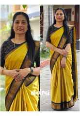 Sico Gadwal semi silk yellow body with black border saree